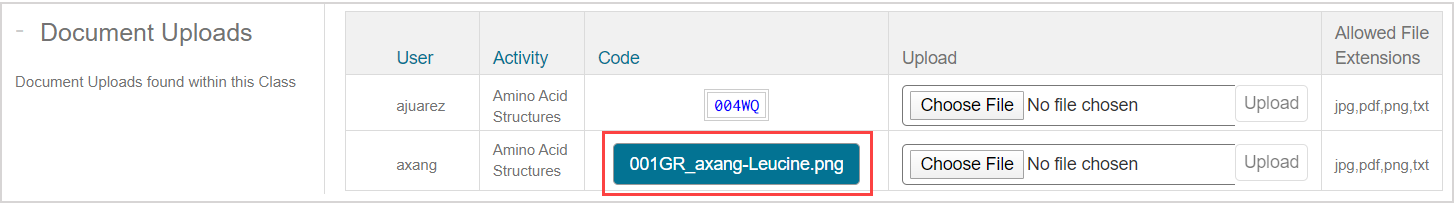 In the Document Uploads pane, the link for uploaded document in the second result is highlighted.